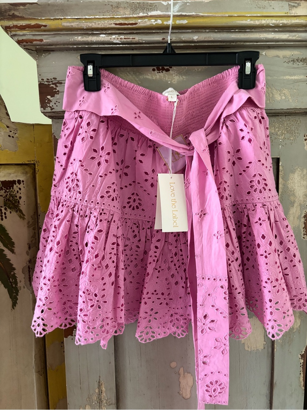 LoveShackFancy Pink Eyelet Tie-Waist Skater Skirt - Picture 2 of 13